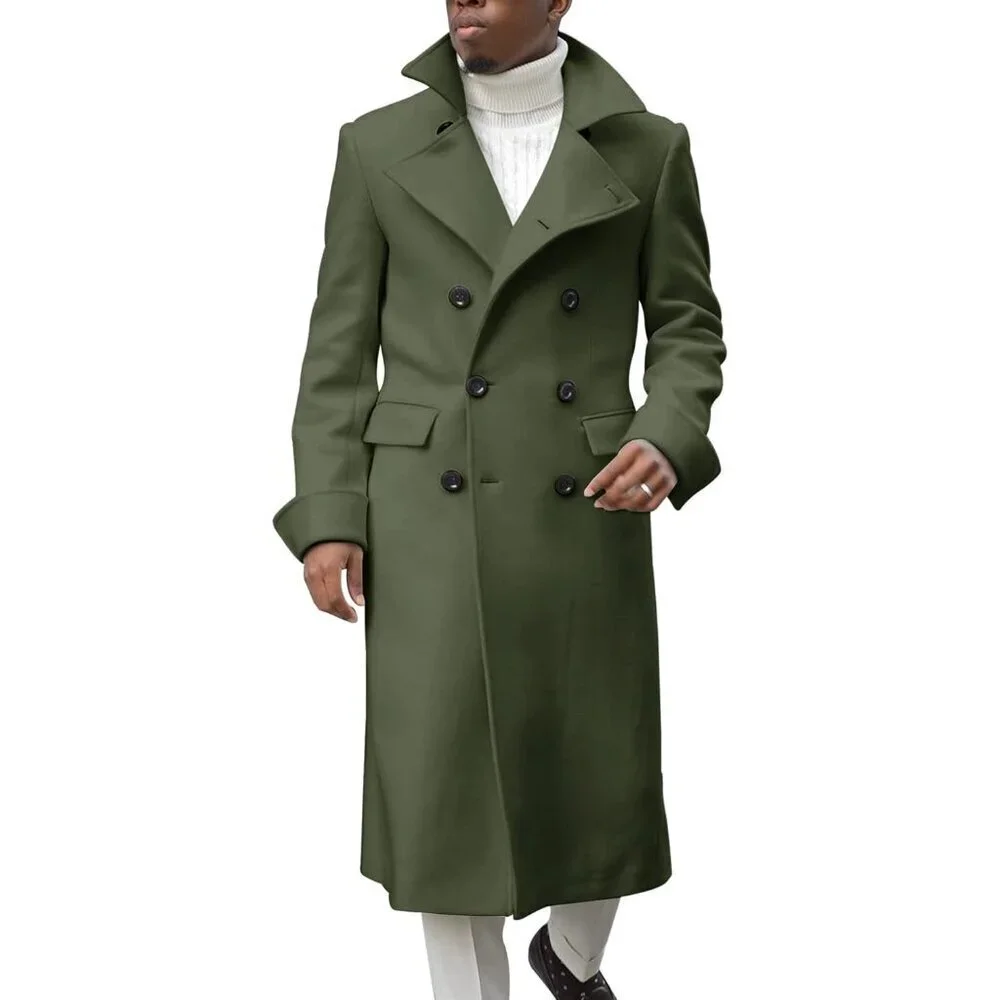 Men's Army Green Notch Lapel Double Breasted Trench Coat Cotton Blend Pea coat